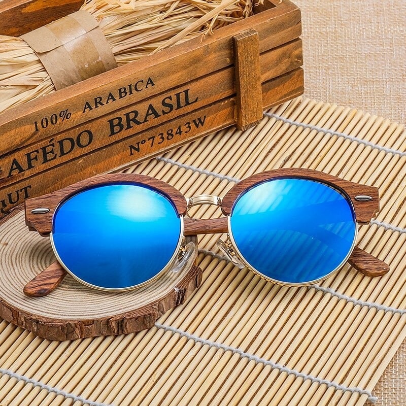Wood Retro Round Semi-Rimless Sunglasses【BJ0523】