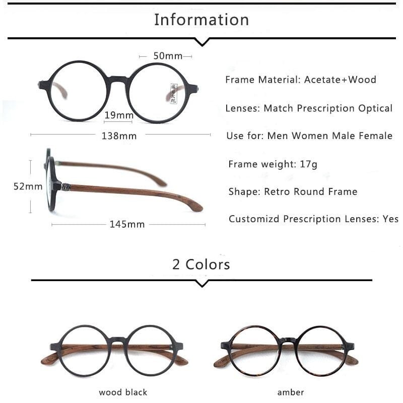 Wooden temple glasses - Round【BJ0196】